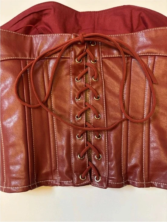 Edikted Red Faux Leather Corset Top XS Strapless Lace Up Back Y2K - Picture 4 of 6
